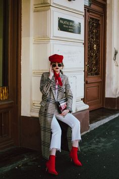 Red Silk Scarf, Checked Coat, Baker Boy Hat, Red Crossbody, Check Coat, Boating Outfit, Moda Paris, Baker Boy, Sock Boots