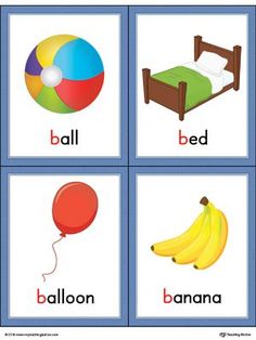 four cards with pictures of different objects including a ball, bed, and banana on them