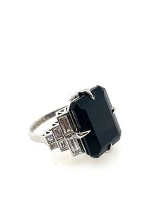 For Sale on 1stDibs - Diamond baguette and French caree' step- cut diamonds surrounding an emerald cut onyx stone set in 4 sharp NSEW claws 18ct white gold Custom made to your Random Objects, Diamond Baguette, Baguette Diamonds, Step Cut, Deco Ring, Art Deco Ring, Onyx Stone, Baguette Diamond, Stone Settings