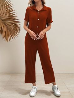 Women's Solid Color Simple Short Sleeve Jumpsuit With Front Zipper, Casual Wear Brown Casual  Short Sleeve Woven Fabric Plain Other Slight Stretch  Women Clothing, size features are:Bust: ,Length: ,Sleeve Length: Solid Color Jumpsuits, Short Sleeve Jumpsuits, Striped Long Sleeve Shirt, Casual Stripes, Jumpsuit With Sleeves, Sleeveless Jumpsuits, Kids Sleepwear, Batwing Sleeve, Casual Fall