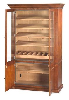 an empty wooden display case filled with bread