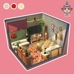 an image of a room with furniture and decorations on it's walls, as well as a pink background