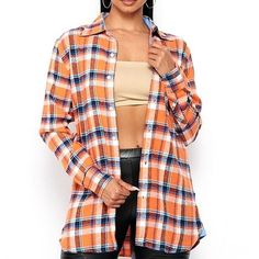 Flannel Oversized Plaid Shirt 60%Cotton 40%Polyester Model In Small Orange Collared Top For Fall, Trendy Collared Orange Shirt, Trendy Orange Collared Shirt, Fall Cotton Shirt In Orange, Fall Orange Collared Shirt, Orange Cotton Shirt For Fall, Casual Orange Flannel Shirt For Fall, Orange Long Sleeve Shirt For Fall, Casual Orange Collared Shirt