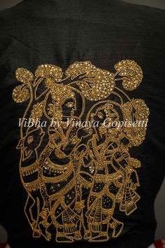 This black blouse is hand-painted on raw silk with a beautiful Radha Krishna motif and embellished with embroidery and Benares brocade sleeves. It provides a versatile style, perfect for mixing and matching with multiple sarees. Its 3/4th sleeves give this blouse a modern, sophisticated silhouette and style to your wardrobe this festive season. Festive Cotton Silk Traditional Wear With Embroidered Sleeves, Festive Traditional Wear With Embroidered Sleeves In Cotton Silk, Festival Kurta With Embroidered Sleeves, Designer Embroidered Sleeves Kurta For Festivals, Festive Kurta With Embroidered Sleeves For Festivals, Designer Kurta With Embroidered Sleeves For Festivals, Anarkali Set With Embroidered Sleeves For Festivals, Traditional Raw Silk Kurta With Embroidered Sleeves, Chanderi Traditional Wear With Embroidered Sleeves For Wedding