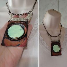 "As shown. One of a kind artisan piece. Handmade. Very nicely made with attention to detail. Unworn with artist's tag attached. A lot of work in this! Hand wrought oxidized copper, hook also. Chrysoprase. Copper plated chain. Hand crochet. Measures approx. 17\" length + 4\" pendant drop. See ruler picture to gauge size. Will come in a gift box." Handmade Earthy Turquoise Necklace For Gift, Handmade Bohemian Chrysoprase Turquoise Necklace, Handmade Bohemian Turquoise Chrysoprase Necklace, Artisan Chrysoprase Necklaces For Jewelry Making, Rustic Turquoise Necklace With Natural Stones For Gift, Handmade Artisan Chrysoprase Jewelry, Handmade Chrysoprase Necklaces In Nature Style, Hand Forged Green Bohemian Necklace, Handmade Artisan Turquoise Necklace