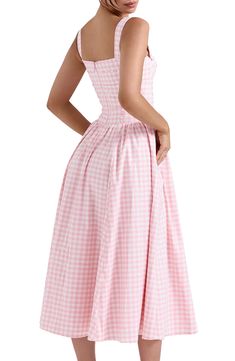 Sweet ribbon is threaded through tonal eyelets along the bodice of this checked midi dress with patch pockets along the playfully flared skirt. Exclusive retailer Back zip closure Square neck Button straps Front patch pockets Lined 77% viscose, 21% polyester, 2% elastane Dry clean Imported Spring A-line Plaid Dress, Pink Fitted Midi Dress For Picnic, Fitted Pink Midi Dress For Picnic, Spring Plaid Dress For Garden Party, Pink Midi Length Dress For Picnic, Pink Midi Dress For Picnic, Gingham Midi Dress For Garden Party, Knee-length Gingham Midi Dress For Picnic, Gingham Midi Dress