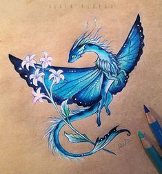 a drawing of a blue dragon with flowers on it's back and wings spread out