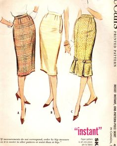 Original vintage McCall's sewing pattern 5014 is cut, counted and complete. Three-gore skirt, with low placed pleat at center back, may be with or without button trimmed applied bands at side seams. Five-gore skirt has insets and inverted pleats at front panel seams; ends of band is side seams and tack under buttons at tops of pleats. All skirt have left side zipper. Waist 26; Hip 36. Cut and complete. Envelope and contents are color aged. Copyright 1959 Stored and shipped in a clear, resealable Retro Fitted Skirt For Daywear, Fitted Retro Skirt For Daywear, 1950s Pencil Skirt, Eddie Gluskin, 50's Dresses, 60s Skirt, Patron Vintage, Vintage Closet, Fifties Fashion