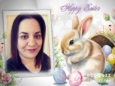 a woman is smiling next to an easter card