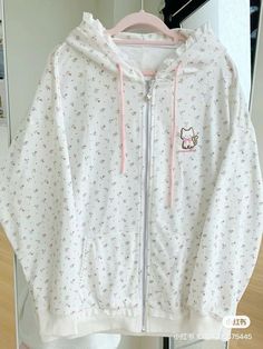 Spring Cotton Kawaii Hoodie, Kawaii White Hoodie For Spring, Cute Cotton Hoodie For Spring, Long Sleeve Cotton Hoodie With Cat Print, Cute Cotton Spring Hoodie, Cute Hoodie With Drawstring Hood For Spring, White Casual Hoodie With Floral Print, Cotton Hooded Hoodie With Cat Print, White Cotton Hoodie With Floral Print