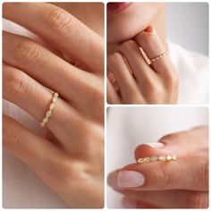 three different views of a woman's hand with gold rings and diamonds on their fingers