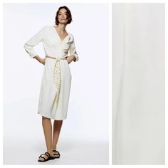 Nwt. Zara Ecru Belted Oversized Midi Dress With Ruched V-Neckline, Long Sleeves With Button Cuffs, Matching Linked Belt With Chain. Size S. Ref. 2298/062. Pit To Pit 21" Flat, Shoulders 16,5", Sleeves 23", Waist 21", Length 47". I Cream Viscose Day Dress, White Viscose Dress For Work, White V-neck Midi Dress For Day Out, White Viscose Workwear Dress, Zara White Midi Dress For Work, Casual Cream V-neck Midi Dress, White Knee-length Viscose Dress, Off-white V-neck Midi Dress For Spring, White Viscose Knee-length Dress