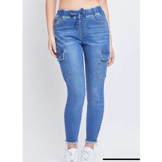 Ymi Cargo Skinny Jeans ** New With Tags ** Size: L Color: M08 Medium Blue Measurements: Waist (Unstretched) 31” Rise 10” Inseam 26” Note: Tags Say Low-Rise, But Measurement Is 10” Which Is Usually Mid-Rise. Pull-On Style, Elastic Waistband And Drawstring. 5-Pocket Construction 2 Side Cargo Pockets Ankle Length Frayed Hems 77% Cotton/ 20% Polyester/ 2% Viscose/ 1% Spandex Non-Smoking Home White Ripped Jeans, Ymi Jeans, Distressed Denim Jeans, Ripped Denim, Medium Blue, Ankle Length, Low Rise, Mid Rise, Elastic