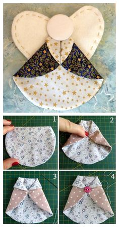 instructions to make an origami angel with fabric and buttons on the front, in three different ways