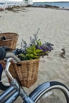 a bicycle parked on the beach with a basket full of flowers