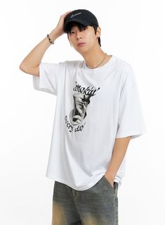 Product Detail Style : Street Occasion : Back to school Type : Men, TShirts Print : Graphic Material : Cotton Sleeve : Short sleeve Neck : Round neck Fit : Oversize fit Cotton60 Modal40 Color : White Made in Korea Model Size Model is wearing size 1XL and the color White. Height : 6'0" | 184cm / Top : L / Bottom : XL (32 inch) .prddescription table, .prddescription td, .prddescription th { border : 1px solid black; border-collapse : collapse; padding: 10px; } Size(Inch) Size Shoulder Bust Sleeve Casual White Print T-shirt For Streetwear, Trendy Oversized White T-shirt, Oversized White T-shirt With Letter Print, Baggy White Short Sleeve Tops, White Baggy Short Sleeve Top, Baggy Hip Hop Style Crew Neck Top, White Oversized Hip Hop Tops, Oversized White Hip Hop Top, Oversized White Graphic Print T-shirt