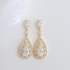 Yellow Gold Bridal Earrings in Cubic Zirconia for Brides-Esther - PoetryDesigns Bridal Pendant Necklace, Rose Gold Statement Earrings, Teardrop Earrings Gold, Random Products, Wedding Aesthetics, Bridal Pendant, Crystal Earrings Wedding, Gold Earrings Wedding, Bridal Earrings Drop