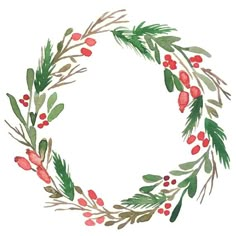 a watercolor wreath with red berries and green leaves