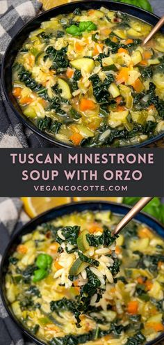 tuscann minestone soup with orzo and spinach in a black bowl