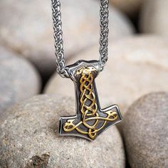 Stainless Steel Dual Color Thor's Hammer Knotwork Necklace | Norse Spirit Durable Viking Style Jewelry Gift, Viking Style Handmade Gold Jewelry, Handmade Viking Gold Jewelry, Handmade Viking Style Gold Jewelry, Gold Viking Style Necklace For Gift, Hammer Necklace, Thor's Hammer Necklace, Hammered Necklace, Vikings Gifts