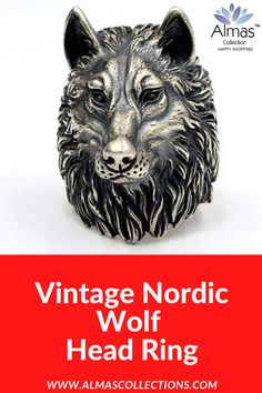 a wolf head ring with the words vintage nordic wolf head ring