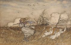 a drawing of a woman in a field with geese