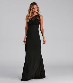 Dakota Formal One-Shoulder Swiss Dot Dress | Windsor Dot Overlay, Swiss Dot Dress, Satin Clutch, Black Tie Affair, Windsor Dresses, Mermaid Silhouette, Mesh Overlay, Mermaid Fashion, Padded Bra