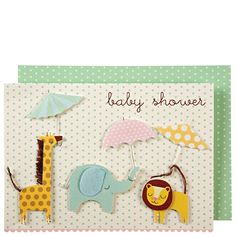 a baby shower card with an elephant, giraffe, and zebra on it