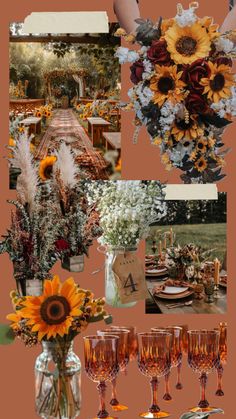 a collage of photos with sunflowers and flowers in vases, wine glasses and plates