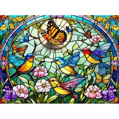 a stained glass window with colorful birds and flowers in the center, surrounded by butterflies