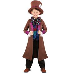 a little boy wearing a brown coat and hat with a purple scarf around his neck