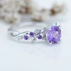 Genuine Amethyst Floral White Gold Engagement Ring - Giliarto 3d Rings Jewellery, Purple Quince Ring, Lavender Wedding Rings, Amethyst Ring Designs, Amythest Wedding Rings, Fantasy Jewelry Ring, Wedding Rings Amethyst, Magical Engagement Rings, Engagement Rings Purple