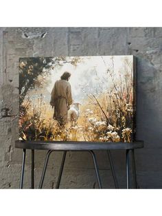 a painting of a man with a sheep in a field