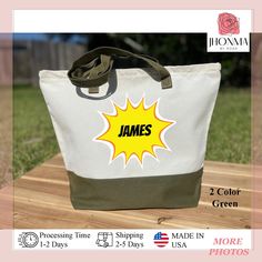 Measuring estimated 17.5 inches by 14.5 inches and 6 inches deep, this bag is the perfect size for carrying all of your essentials. 2 Color bags comes with Zipper Only. Plain Colors are without zipper. We are selling: Only Tote bag Only Make-up bag Set as Tote bag and Make-up bag (together) Info: Only 2 colors are selling as Make-up bag and set. ------------- HOW to PERSONALIZED: For DESIGN: let us know your font preference like: ``Your Writing Text: James Text Color: Black`` ------------- Proce Writing Text, Coach Gifts, Personalize Bag, School Bag, Bag Set, Canvas Tote Bag, Men Boys, Tote Bag Design, Text Color