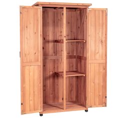 an open wooden cabinet with shelves on each side and doors closed to the other side