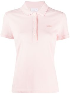 light pink stretch-cotton appliqué logo polo collar front button placket short sleeves straight hem Classic Pink Collared Top, Classic Pink Tops With Collared Neckline, Classic Pink Top With Ribbed Collar, Fitted Polo Shirt With Button Closure For Spring, Fitted Pink Polo Shirt With Short Sleeves, Fitted Pink Polo Collar T-shirt, Classic Fitted Pink Polo Shirt, Pink Fitted Polo Shirt For Spring, Fitted Pink Polo Shirt For Spring