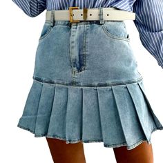 Introducing our 90s-inspired pleated women's denim skirt from the 2023 Summer Collection, a stylish homage to the decade's iconic fashion sense!Why You'll Fall In LoveSpecially designed for the trendy fashionista with a penchant for nostalgia, this denim skirt is a perfect balance of the 20th-century style and modern couture trends. Every detail, from its pleated fit to its mid-waist fit, promises to transform your look into an instant timeless.Unmissable Highlights: 90s-style: Embrace the decad Stylish Denim Skirt, Denim Skirts Online, Denim Pleated Skirt, Pleated Denim Skirt, Womens Denim Skirts, Pleated Denim, Estilo Denim, Mode Jeans, Denim Skirt Women