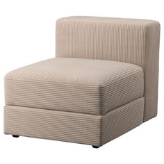 an upholstered chair with wheels is shown in this image, it's beige