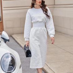 Equal To A Us (8/10) Measurements: Bust: 44.9" Cuff: 9.6" Hip: 42.5" Length: 51.5" Shoulder: 24" Sleeve Length: 20.6" Waist: 31.5" Beautiful, Well Made Materials! People Who Own It Says It's True To Size, And A Beautiful Staple Piece To Own! Has Some Stretch. 98% Polyester 2% Elastane I Would Recommend Washing Carefully! Brand New, Prices Firm! I Have All My Prices Set Low, So You Get The Best Value. Bundle A Few Items Then I Can Give A Discounted Shipping Offer! The Few Dollars Profit Goes To L White Midi Dress For Winter, White Knee-length Dress For Fall, Elegant Winter White Dress For Fall, Elegant Winter White Fall Dress, Fitted Long Sleeve Dress In Winter White, Fitted Winter White Long Sleeve Dress, White Long Sleeve Midi Dress For Winter, Chic Long Sleeve Winter White Dress, Long Sleeve Winter White Dresses For Spring