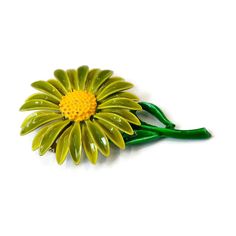 "Vintage Double Layered Petals Green and Yellow Daisy  MOD Flower Brooch. Unsigned. ca 1960s. Measures 3\"L. x 2\". It is in very good condition. cosasraras.etsy.com" Retro Flower Brooches For Collectors, Vintage Spring Brooches, Vintage Green Flower Brooches, Vintage Yellow Flower Brooch, Vintage Flower Enamel Pin For Collectors, Vintage Flower Enamel Pin Collectible, Green Flower-shaped Enamel Brooch Pin, Green Flower Shaped Enamel Pin Brooch, Green Flower Enamel Pin Brooch