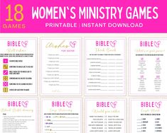 the printable bible game for women's ministry games is shown in pink and gold