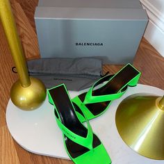 Preloved Blemishes Shown In Pics Beautiful Neon Green Color Size 39 (8) Authenticity Card And Dust Bags Included. Will Send In Original Box For An Additional $25 Designer Pointed Toe Heels For Shopping, Designer Green Heels For Spring, Designer Green Heels With Padded Heel, Designer High Heels For Shopping, Designer Heels With Square Toe, Neon Green Color, Shoes Balenciaga, Balenciaga Shoes, Leather Block Heels