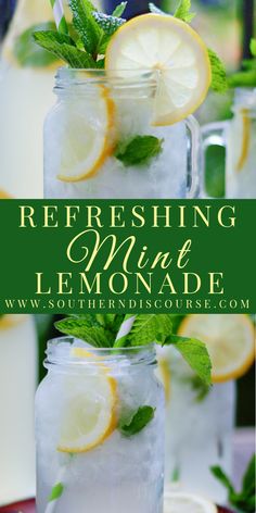 two mason jars filled with lemonade and mint