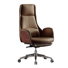 a brown office chair sitting on top of a metal casteor wheel base with leather upholstered seat