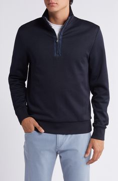 Classic and comfortable, this pullover made with breathable cotton sports a layerable fit and an adjustable front zipper that climbs to a tall collar. Quarter-zip closure Stand collar Long sleeves Banded cuffs and hem 53% cotton, 47% polyester Machine wash, line dry Imported Half Zip Pullover, Quarter Zip Pullover, Half Zip, Stand Collar, Front Zipper, Quarter Zip, Dark Blue, Nordstrom, Long Sleeves