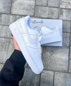 Blinged out bridal Air Force 1 sneakers personalized for the brides special day 👰🏻 **PLEASE READ LISTING CAREFULLY**  SNEAKERS: This listing if for Nike Air Force 1, if you would like something different please message me :) Personalization section please add: *your name  *date of wedding *if you want them without any customization please type (no customization) NOTE: A proof of your lettering will be sent to you within 72 hours of purchasing, please check your messages to approve image. If seller does not hear back within another 48 hours will proceed with shoes accordingly.  Price breakdown: *Outer Side/Seam $245      -This option includes all white pearls on the 2 outer symbols, the outer 2 side seams, pearls going up the back heel strip and the back seam & lettering of your choice. R Pearl Nike Air Force, Wedding Nike Air Force, Bride Air Force Ones, Custom White Wedding Sneakers, Customizable White Wedding Sneakers, White Sneakers With Laces For Bridal Shower, Customizable White Sneakers For Wedding, White Low-top Wedding Shoes For Bride, White Low-top Wedding Shoes For Bridal Shower