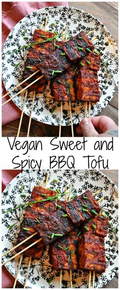 two plates with meat on skewers and the words vegan sweet and spicy bbq tofu