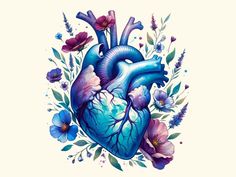 a blue heart surrounded by flowers and leaves