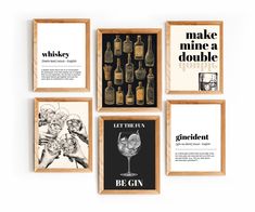 six framed posters with different types of alcohol