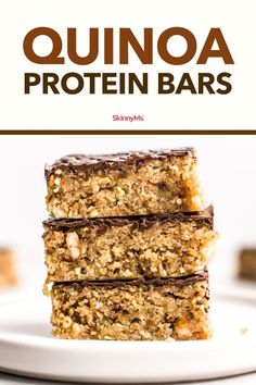 three chocolate chip quinoa protein bars stacked on top of each other with text overlay